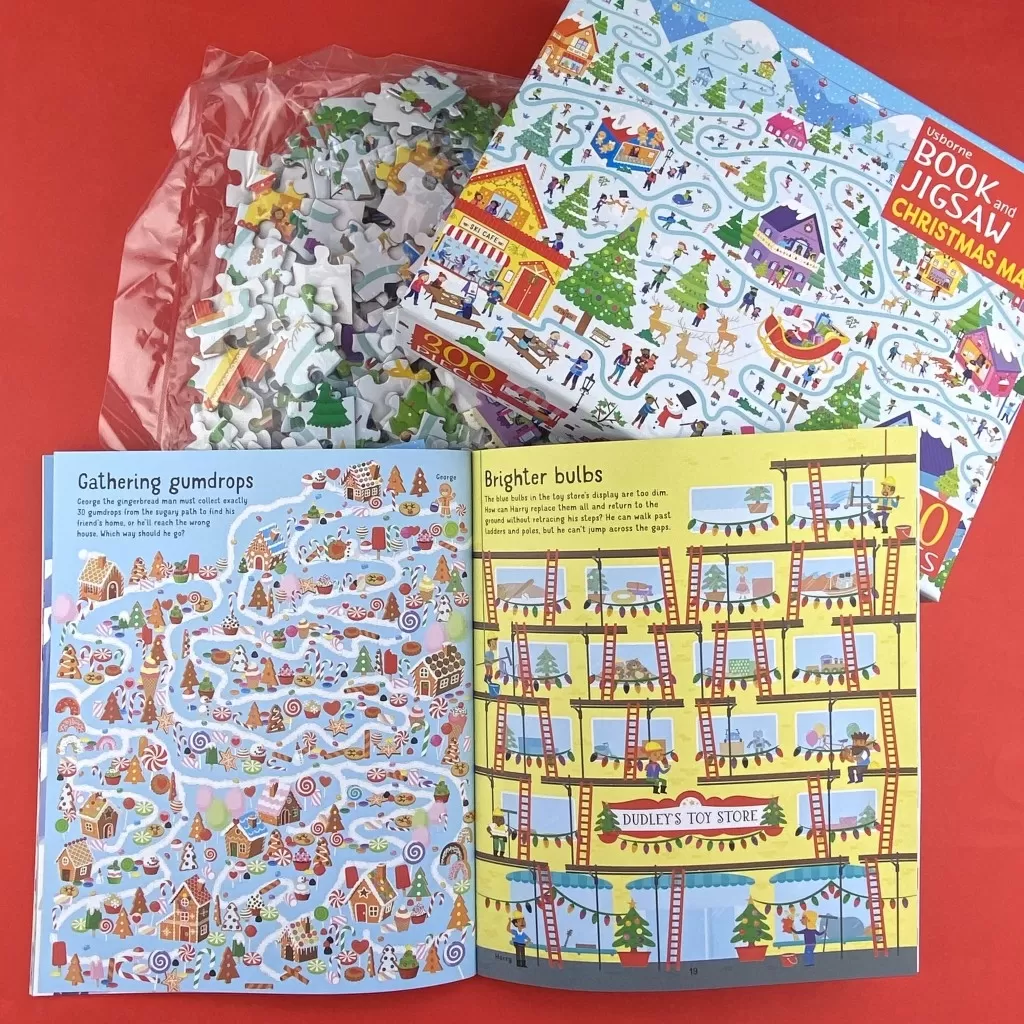 A photo previewing the package, which includes: the book and jigsaw package, the pack of jigsaw pieces and the open book.
